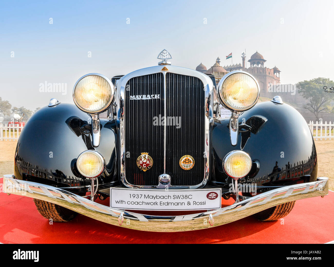 New Delhi, India - Maybach SW38C (1937 model) on display at the 21 Gun Salute International Vintage Car Rally 2016 at Red Fort, New Delhi. Stock Photo