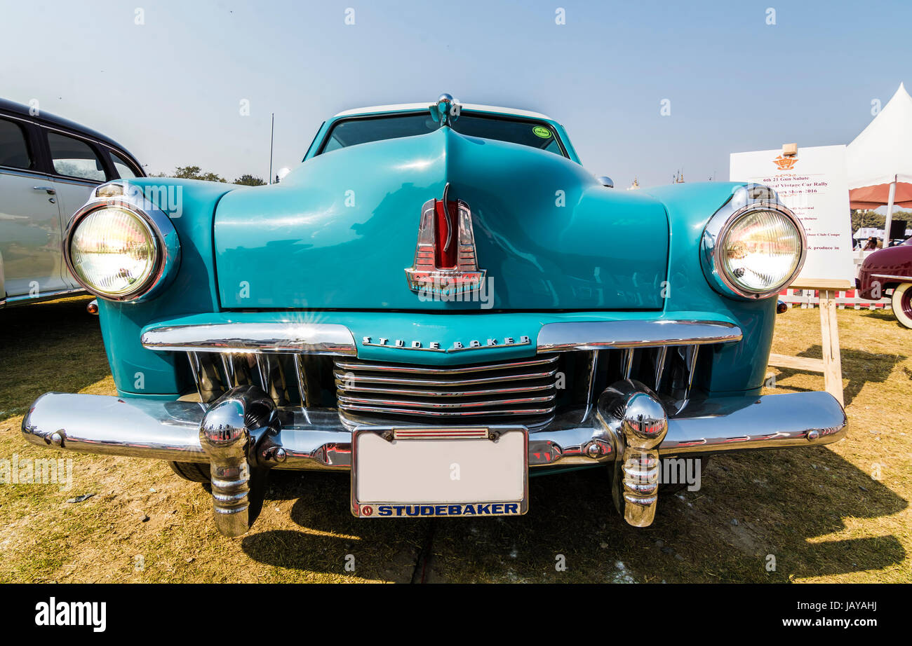 New Delhi, India - February 6, 2016: A classic 1947 Studebaker Champion Deluxe Commander Saloon in light blue color on display at the 21 Gun Salute In Stock Photo