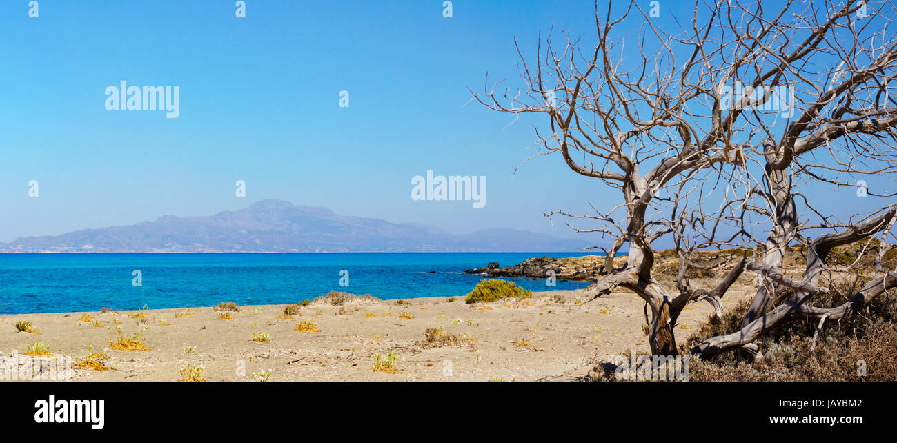 Chrissi is an uninhabited Greek island approximately 15 kilometres south of Crete close to Ierapetra in the Libyan Sea.Chrissi is protected as an 'area of intense natural beauty'. The island hosts the largest naturally formed Lebanon cedar forest in Europe. Stock Photo