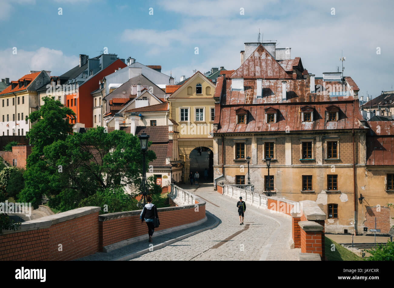 Lublin, Poland - June 5, 2017: Brama Grodzka Gate to Old town of Lublin. View from the bridge of Zamkowa street, Poland. Stock Photo