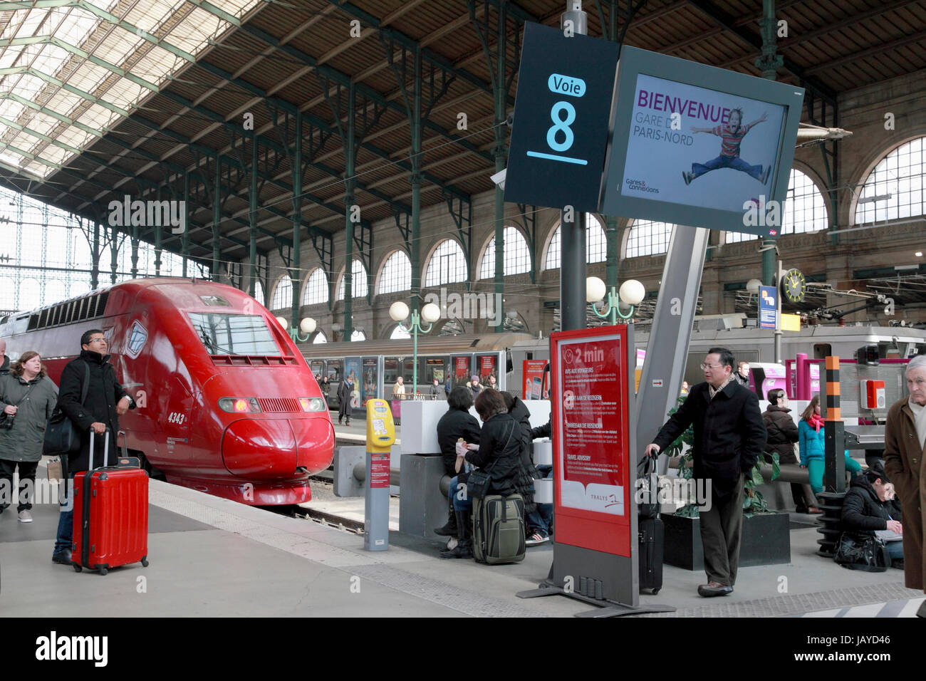 Platform 8 at the Gare du Nord, the railway station for travellers on Eurostar and to northern France. Stock Photo