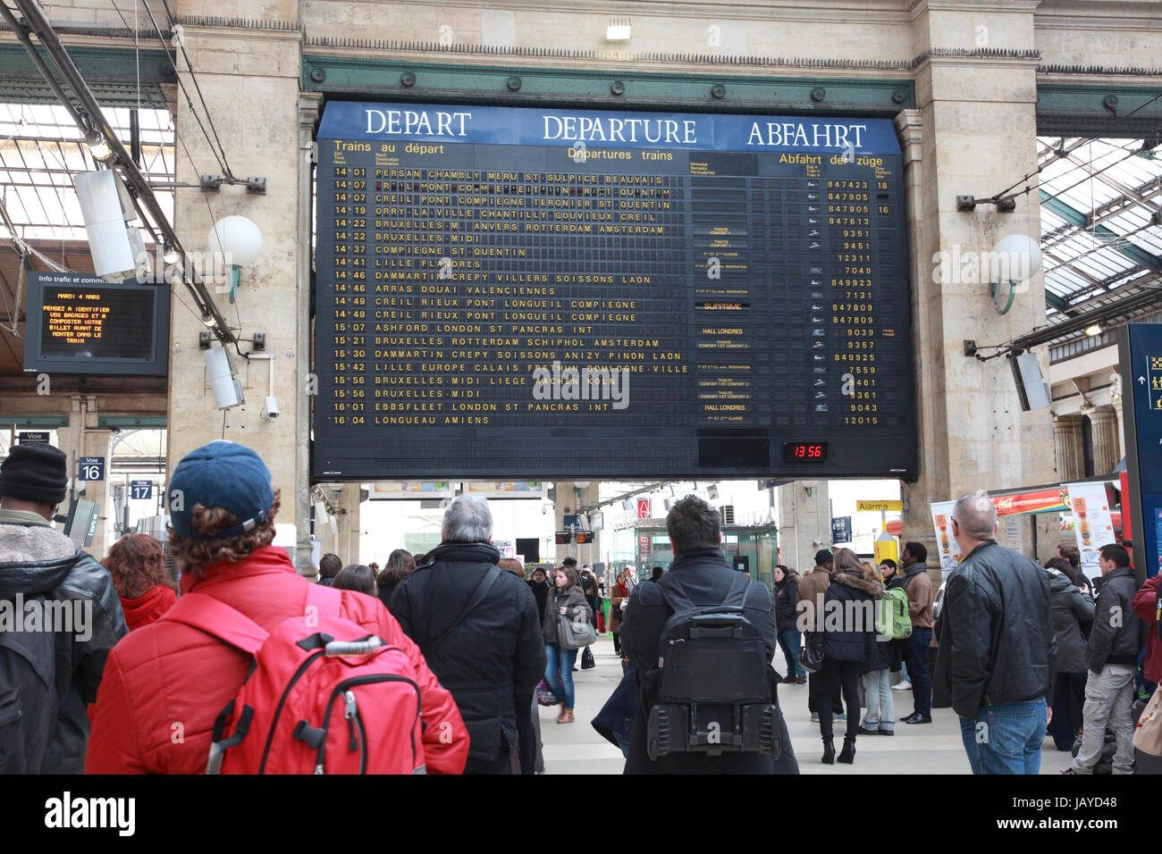 The departure board at the Gare du Nord, the railway station for travellers on Eurostar and to northern France. Stock Photo