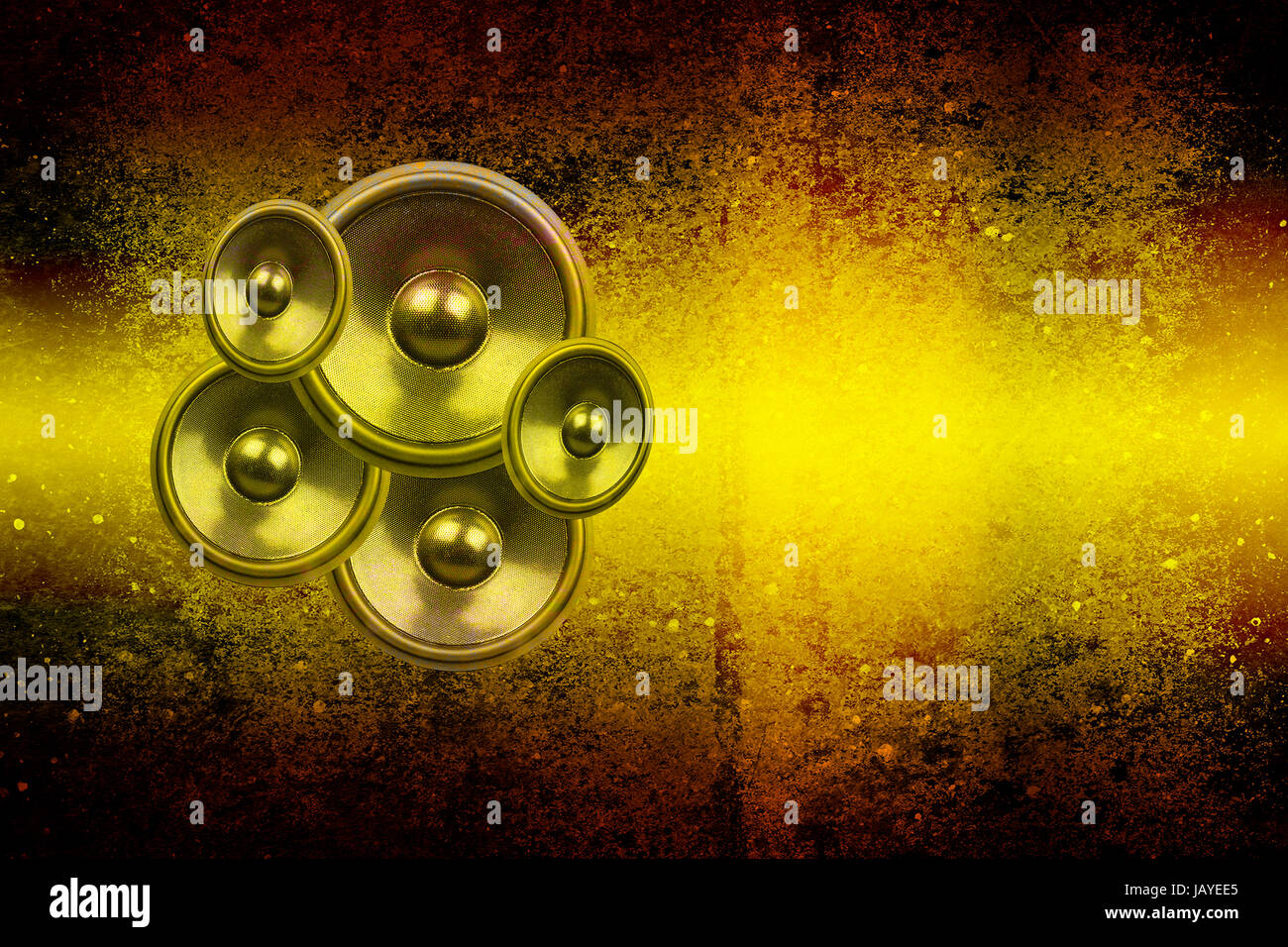 Audio Speakers On A Black And Yellow Grunge Background Stock Photo