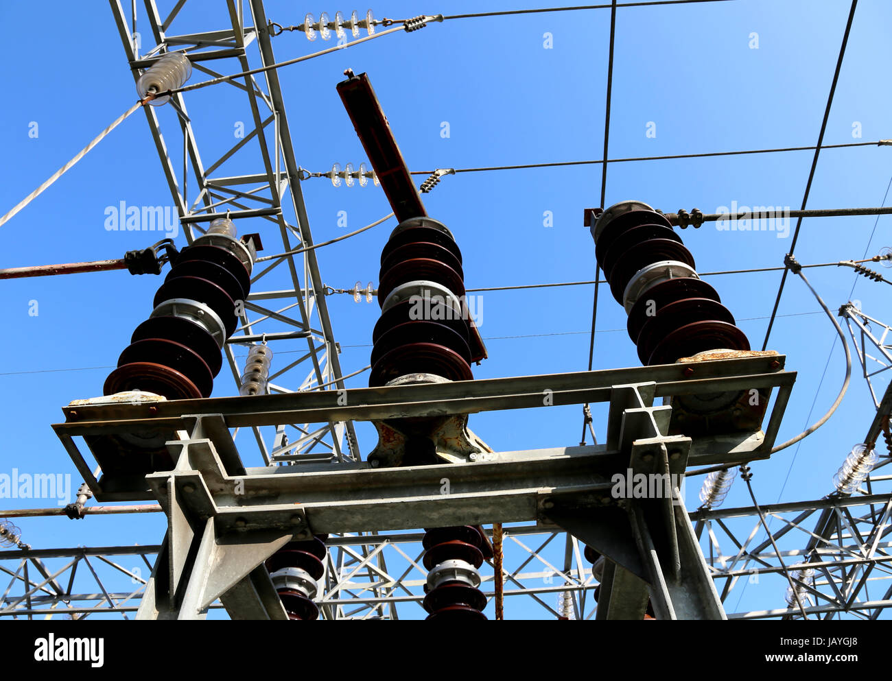 detail of disconnectors of electrical lines of high voltage in the