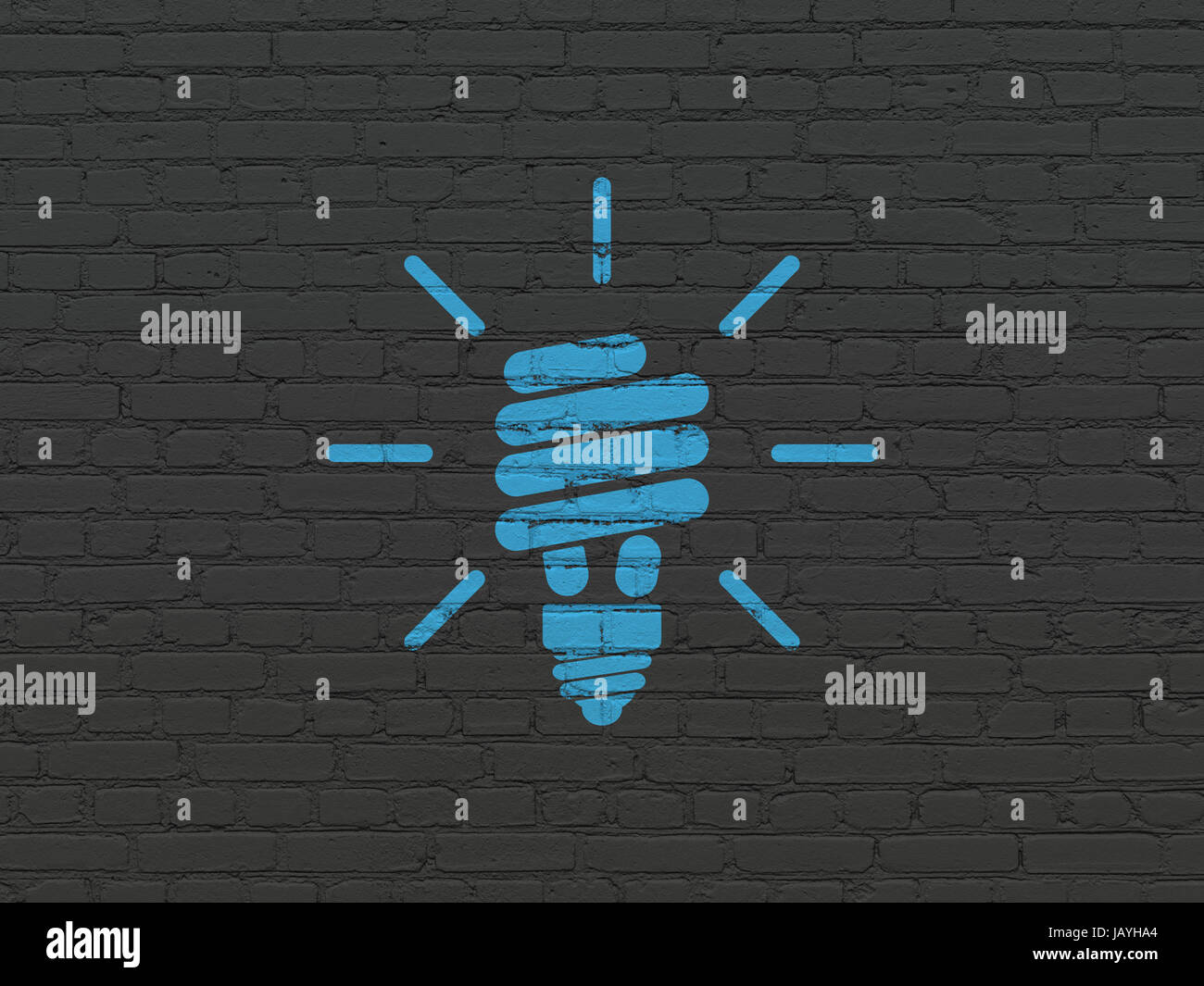 Finance concept: Painted blue Energy Saving Lamp icon on Black Brick ...