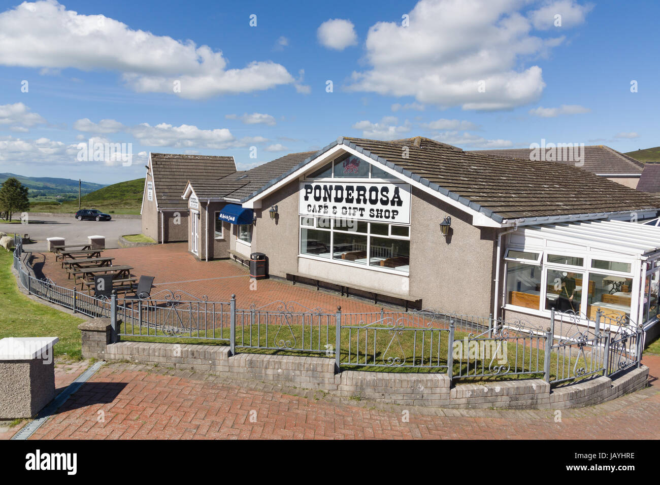 The Ponderosa Cafe and gift shop on Horseshoe Pass in Llantysilio above Llangollen a favourite stop off point for motorcyclists and travellers Stock Photo