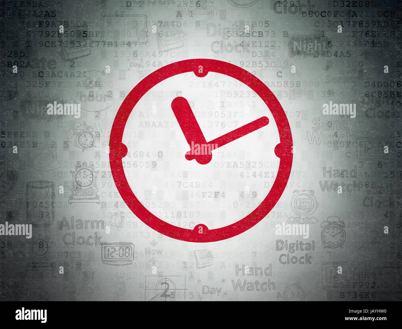 Time concept: Painted red Clock icon on Digital Data Paper background with  Hand Drawing Time Icons Stock Photo