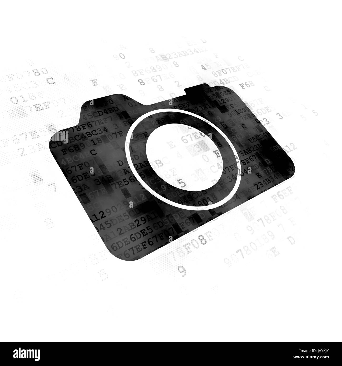 Travel concept: Pixelated black Photo Camera icon on Digital background Stock Photo