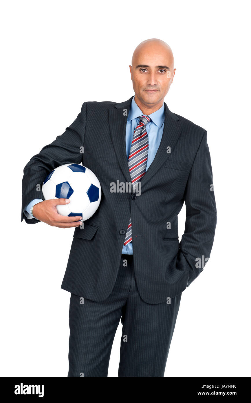 Happy businessman with soccer ball isolated in white Stock Photo - Alamy