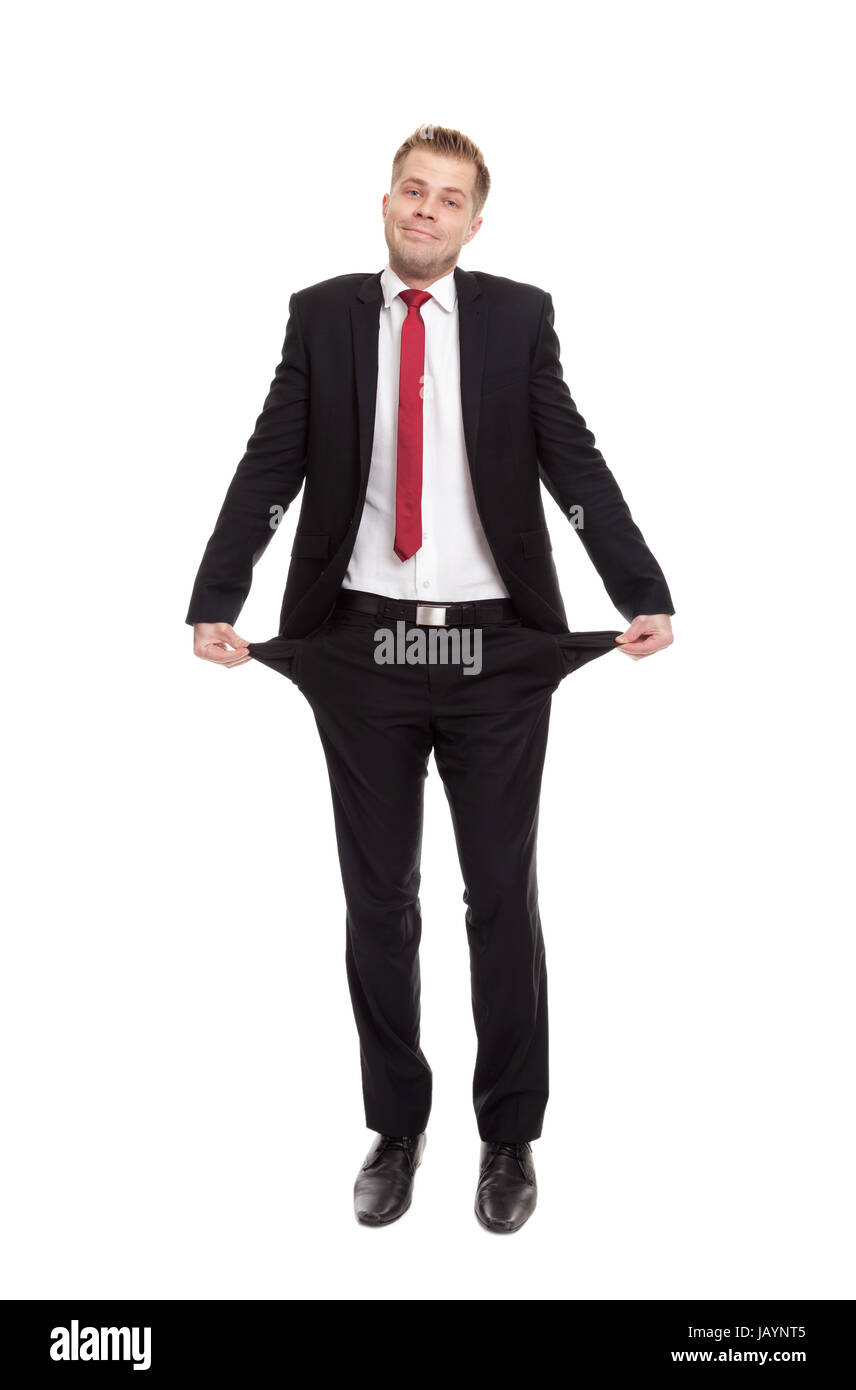 Broke businessman with empty pockets on white Stock Photo Alamy