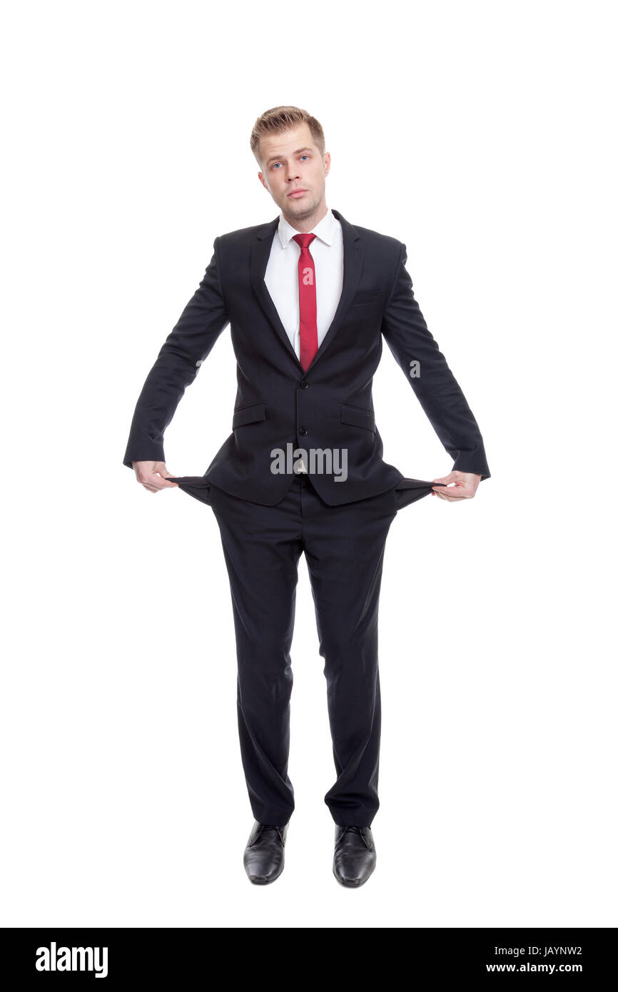 Broke businessman with empty pockets on white Stock Photo Alamy