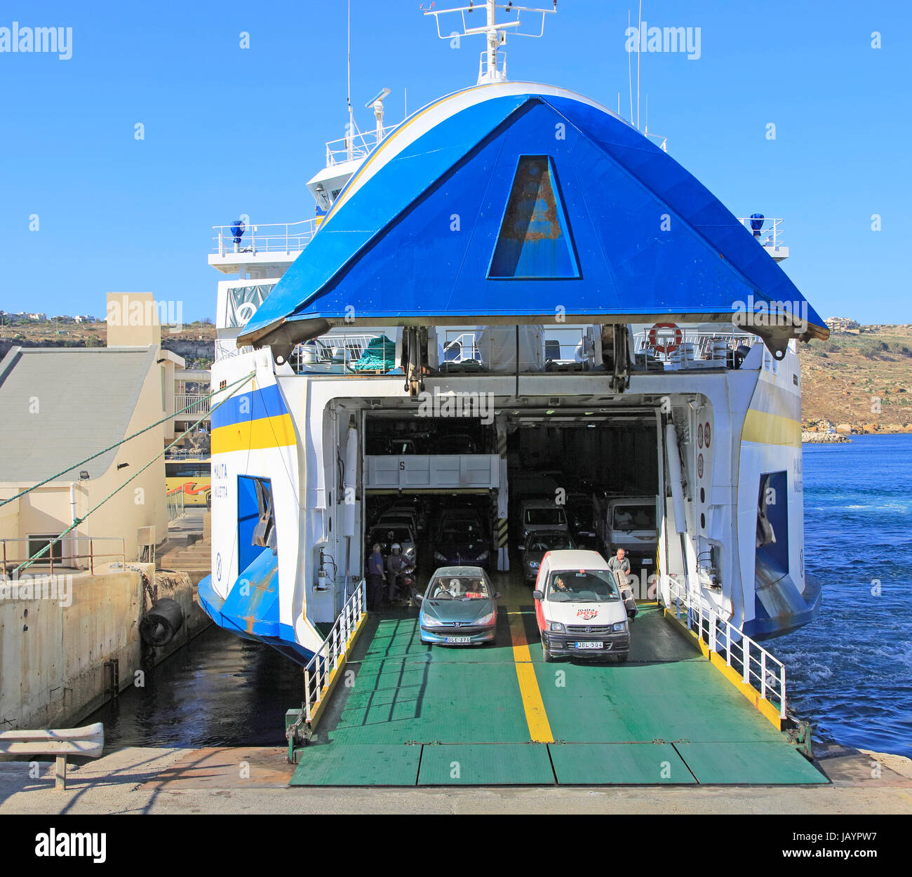 Vehicle ferry disembarkation at port, Gozo Channel Line Ferries, Mgarr