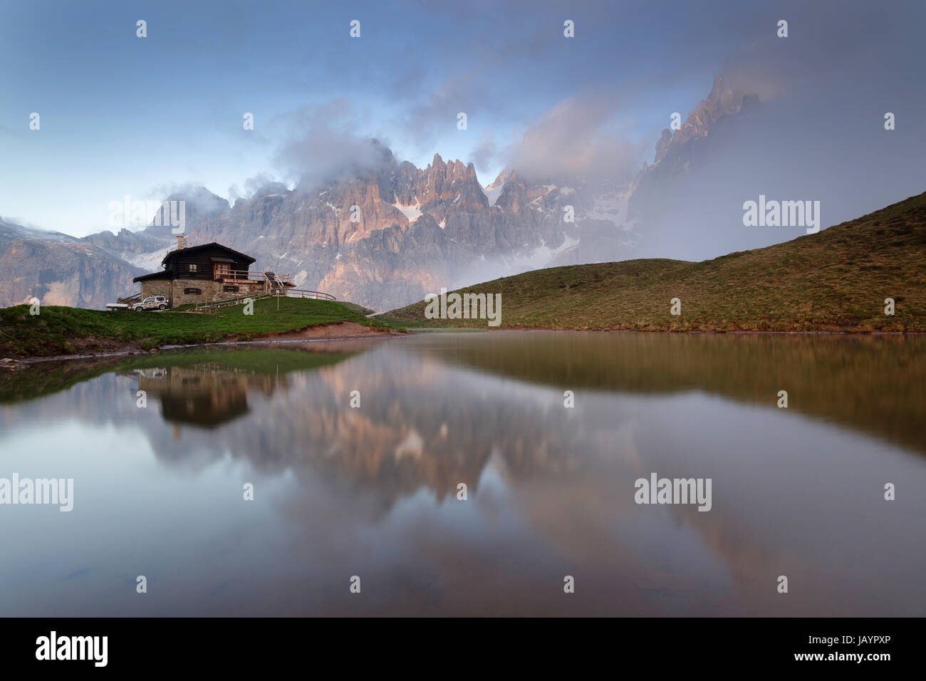 Twilight at Baita Segantini, Dolomites, Italy. Stock Photo