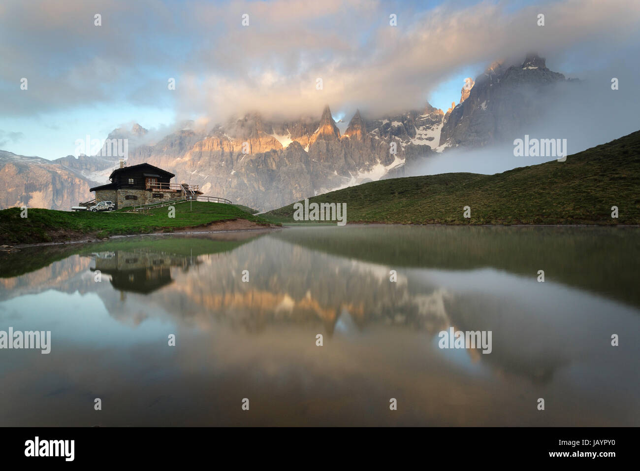 Twilight at Baita Segantini, Dolomites, Italy. Stock Photo