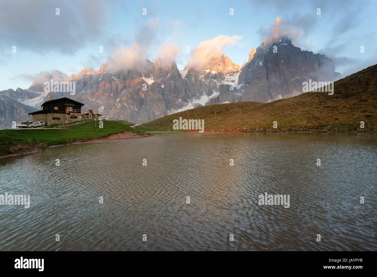 Twilight at Baita Segantini, Dolomites, Italy. Stock Photo