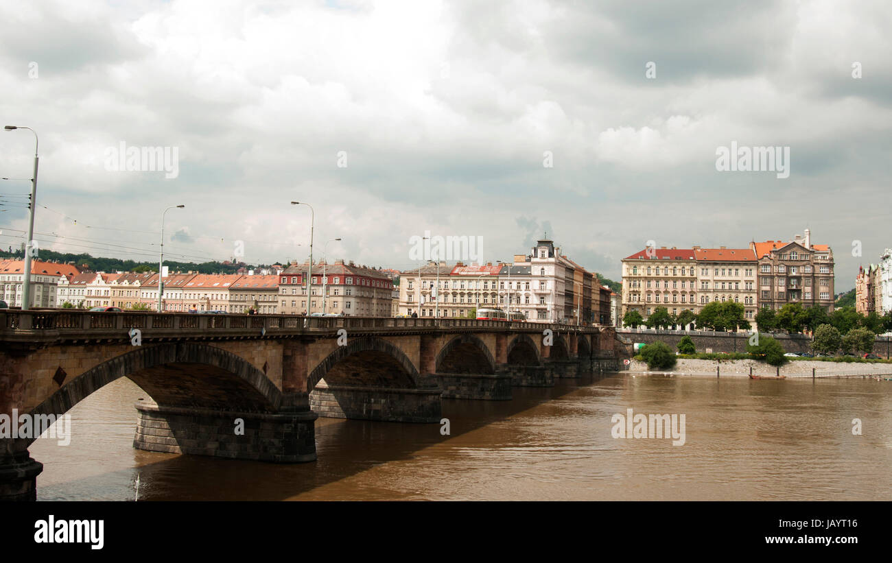 The Palacky Bridge (1876) is a bridge in Prague. It is one of the oldest functioning bridges over the Vltava in Prague after the Charles Bridge. Designed by Rowland Mason Ordish. Stock Photo