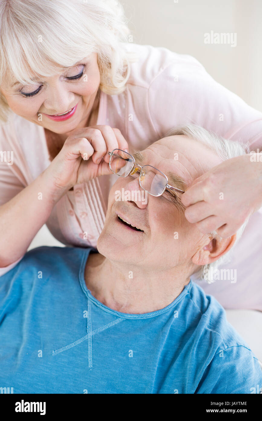 elevated view of happy senior couple relaxing at home Stock Photo - Alamy