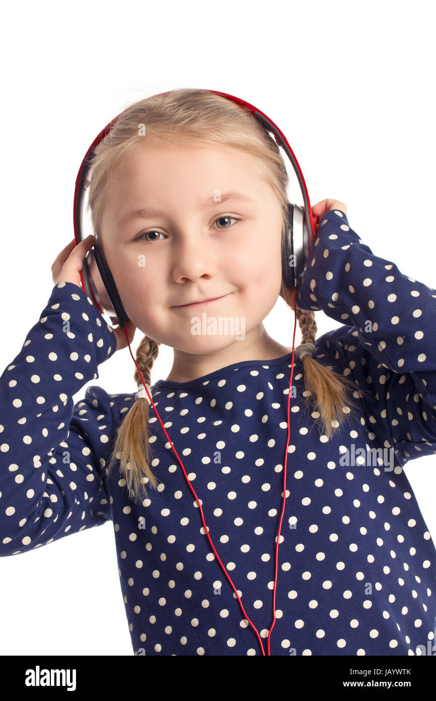 little girl with headphones on white background Stock Photo - Alamy