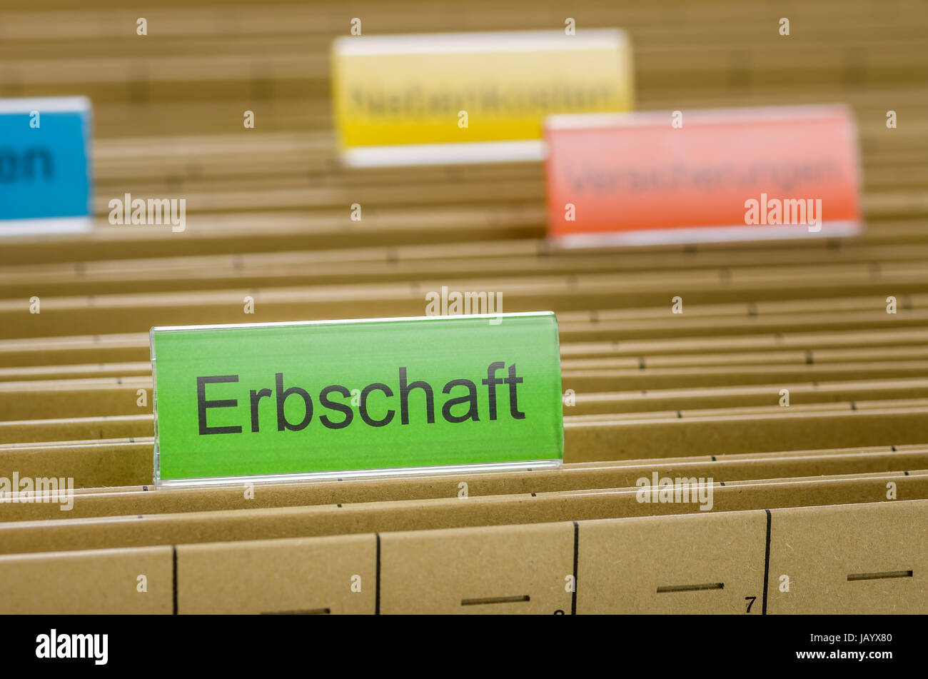 Hängemappen mit der Beschriftung Erbschaft Stock Photo