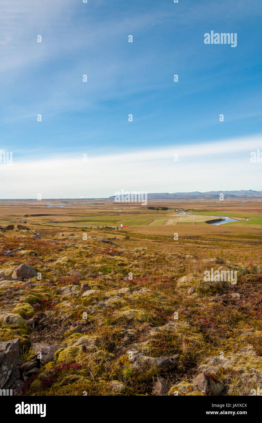 Icelandic landscape with volcanic rocks and green grass Stock Photo - Alamy