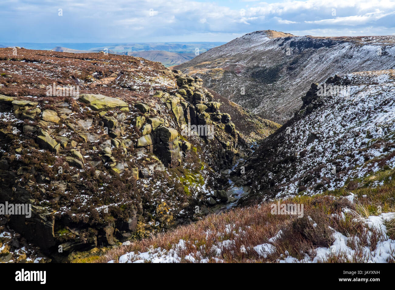 At the top of Grindsbrook Clough, Kinder Scout, Peak District National Park, in winter Stock Photo