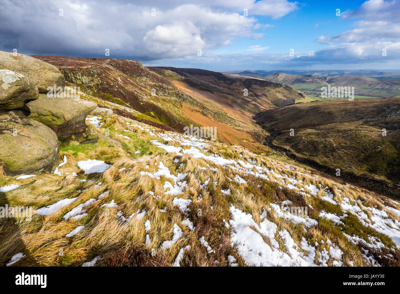 Grindsbrook and the southern edge of Kinder Scout with Edale and Lose Hill in the distance, Peak District National Park Stock Photo