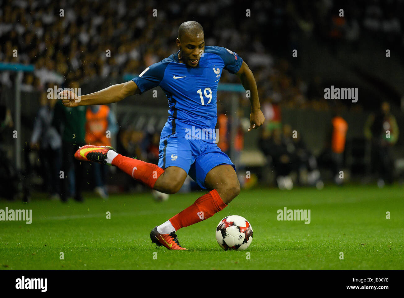 BARYSAW/BELARUS – SEPTEMBER 9, 2016: Djibril Sidibé of France national football team kicks ball in match against team of Belarus on September 9, 2016 Stock Photo