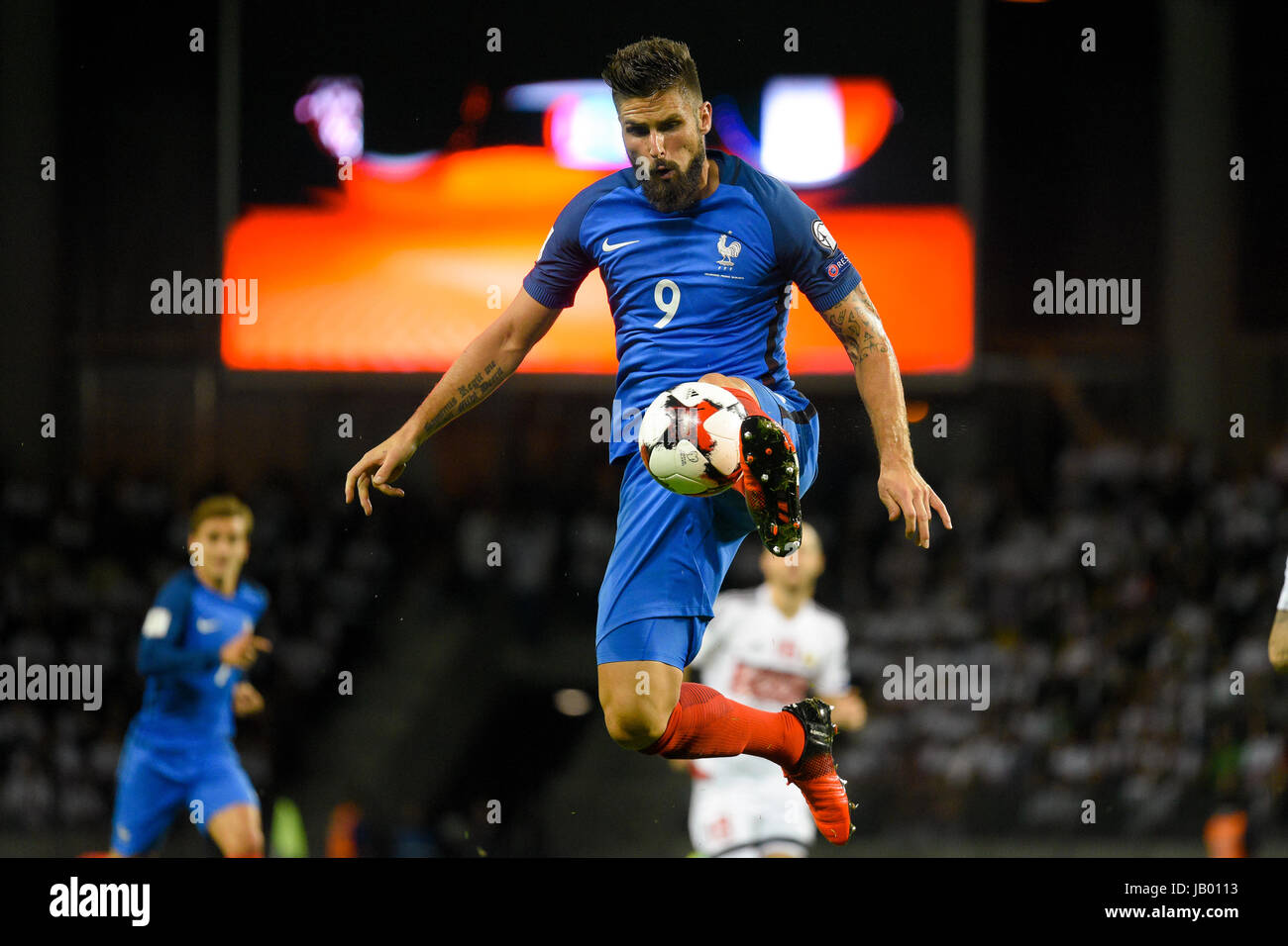 BARYSAW/BELARUS – SEPTEMBER 9, 2016: Olivier Giroud of France national football team jumps in match against team of Belarus on September 9, 2016 Stock Photo