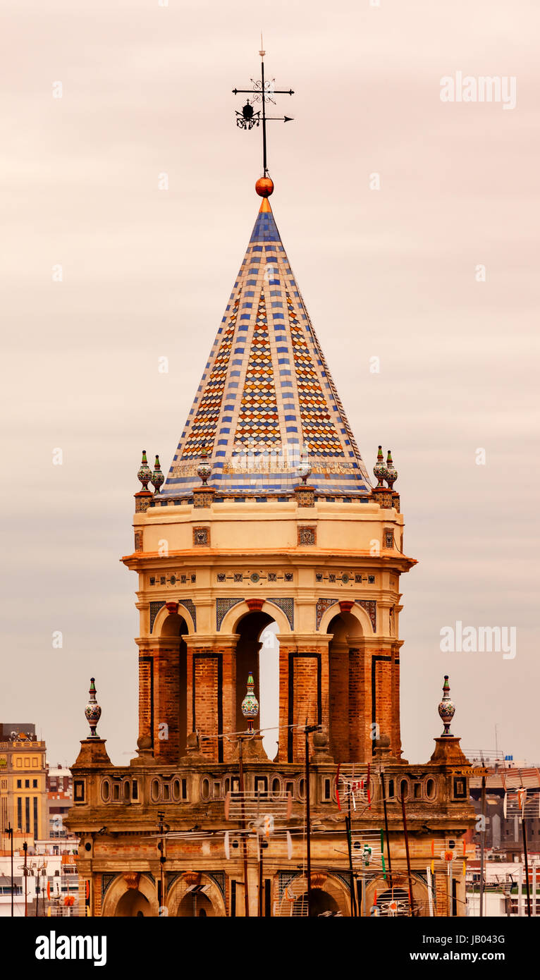 Ceramic Bell Tower Cross Church Sevill, Andalusia Spain. Stock Photo