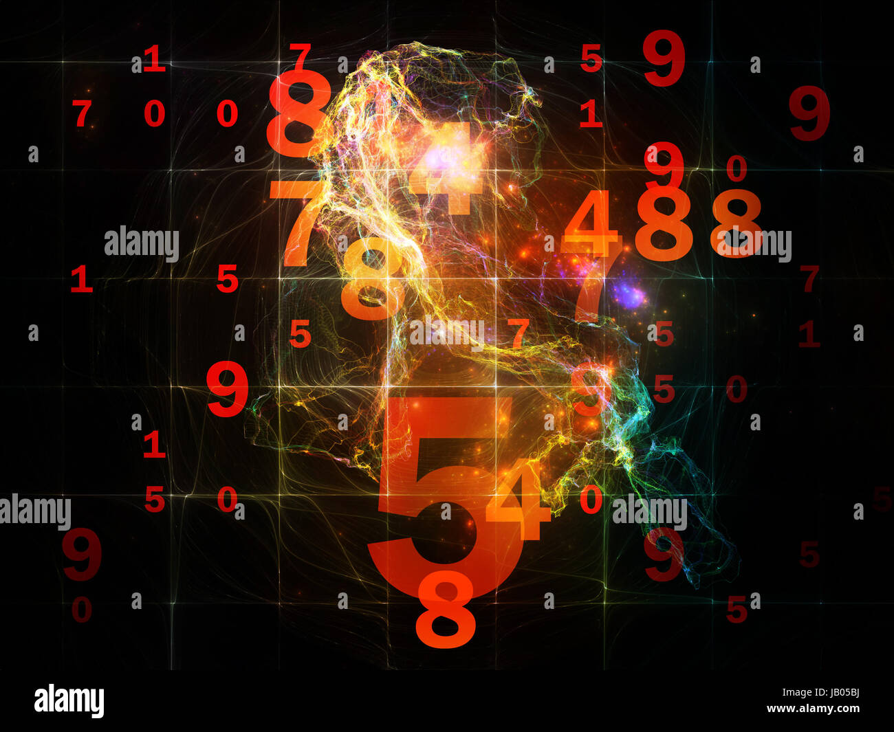 Number in Space series. Composition of numbers, fractal textures and lights on the subject of