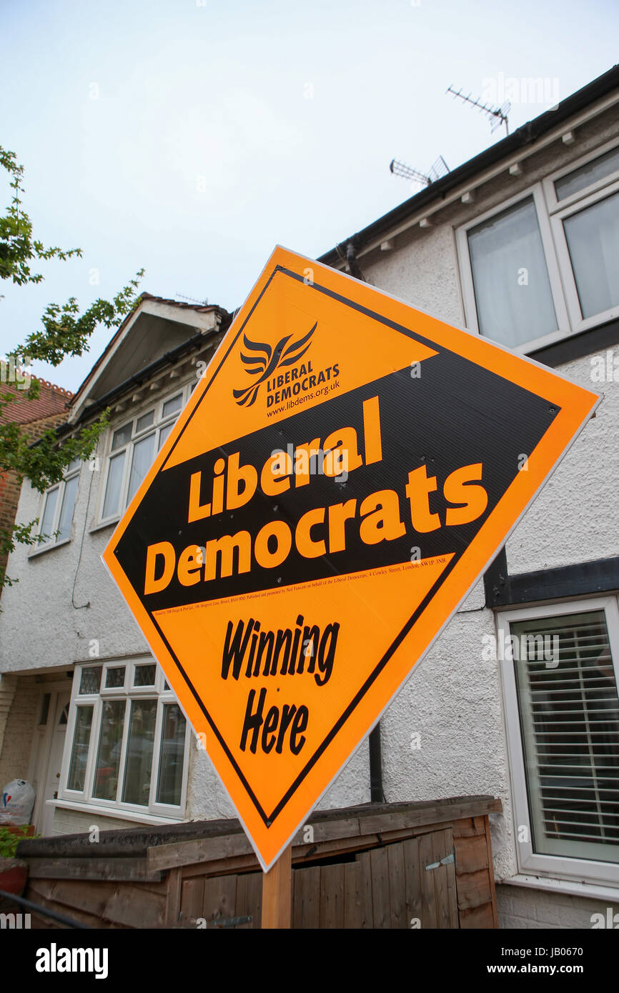 London, UK. 08th June, 2016. Liberal Democrat House Board Sign, 2017 General Election. Credit: Expo Photo/Alamy Live News Stock Photo