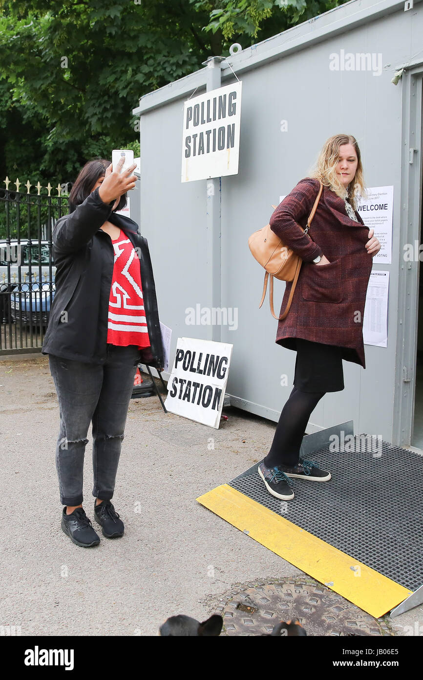 London, UK 8th June, 2017 A voter takes a selfie outside thepolling station in Harringay North London Credit: Dinendra Haria/Alamy Live News Credit: Dinendra Haria/Alamy Live News Stock Photo