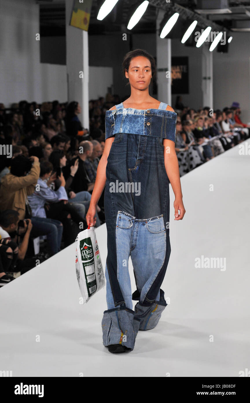 London, UK, 07/06/2017 Model wearing designs by Kasubika Chola of Kingston  University at the Best of Graduate Fashion Week catwalk held at the Truman  Brewery in Brick Lane in the East End