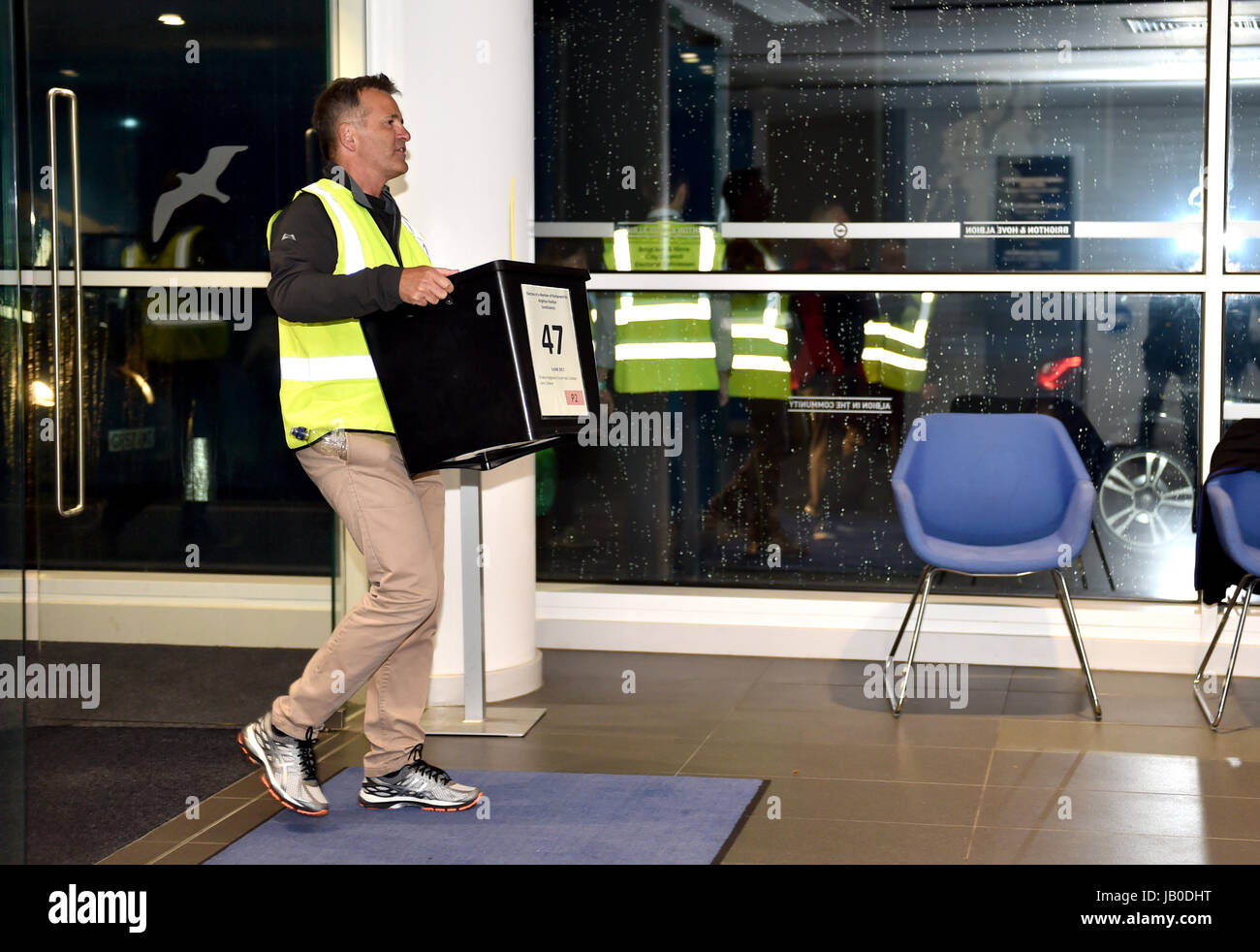 Brighton, UK. 8th June, 2017. The ballot boxes start to arrive for the General Election counts for Brighton Pavilion, Hove and Brighton Kemptown taking place at the American Express Community Stadium Credit: Simon Dack/Alamy Live News Stock Photo
