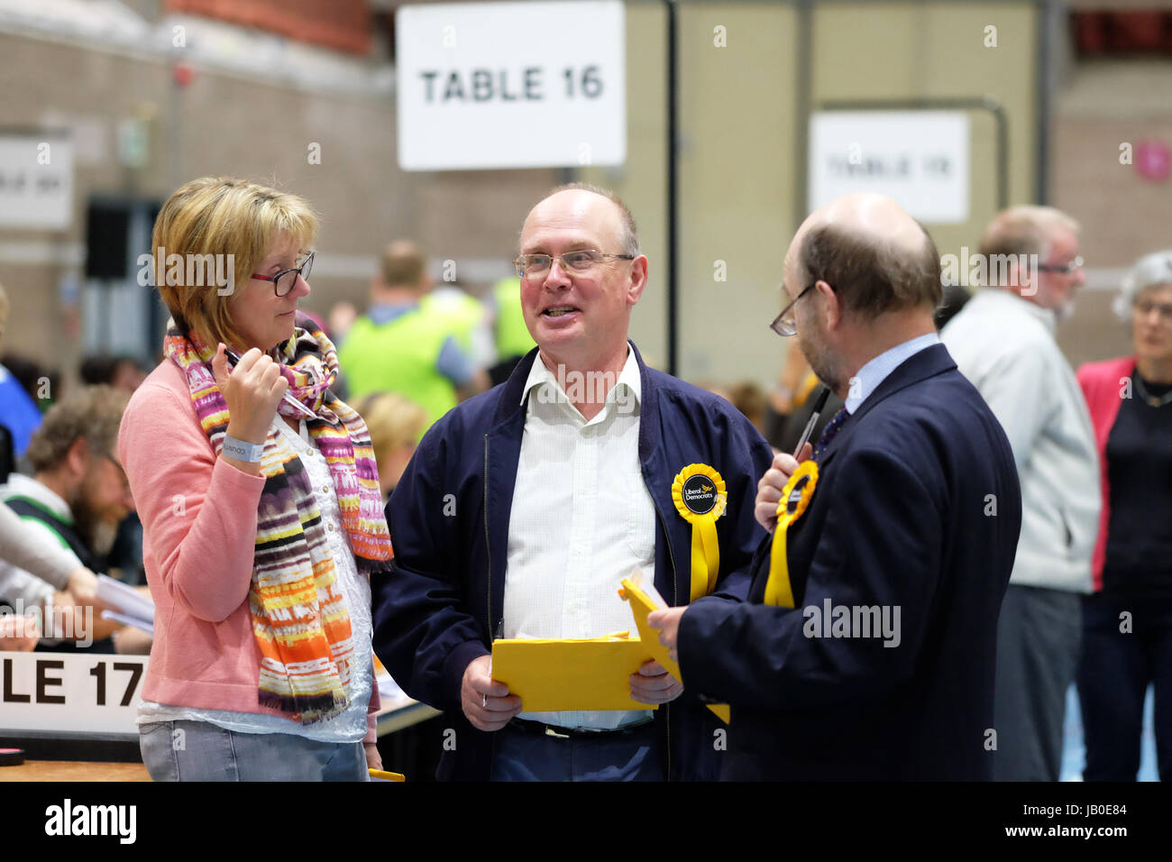Hereford, Herefordshire, UK - Thursday 8th June 2017 - Party teller workers from the Liberal party confer with each at the election count centre in Hereford - Steven May/Alamy Live News Stock Photo