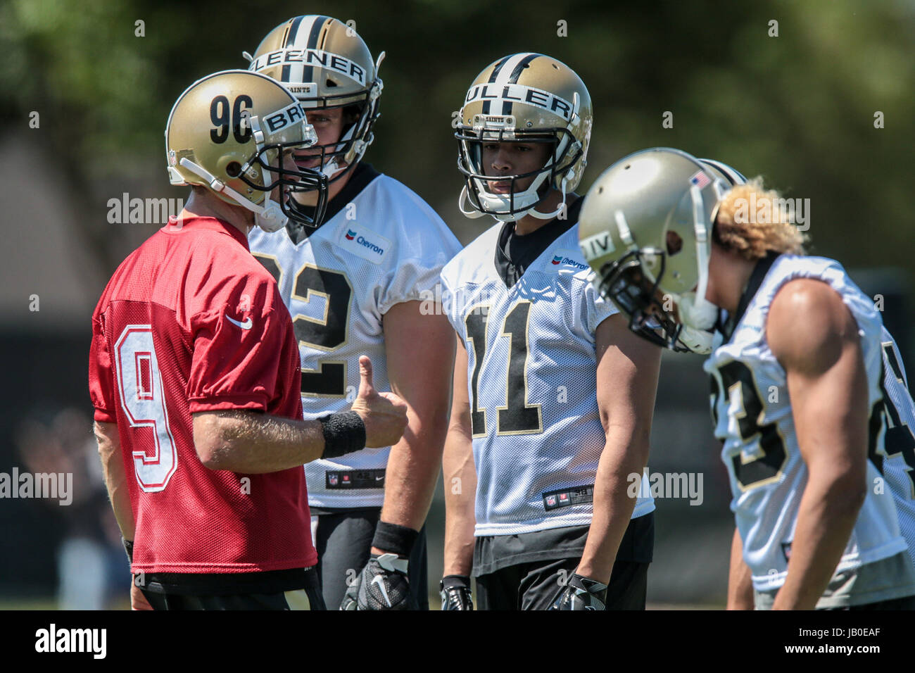 Metairie, Los Angeles, USA. 8th Jun, 2017. New Orleans Saints quarterback Drew Brees (9) calling plays with wide receiver Corey Fuller (11) during organized team activities at the New Orleans Saints Training Facility in Metairie, LA. Credit: Cal Sport Media/Alamy Live News Stock Photo