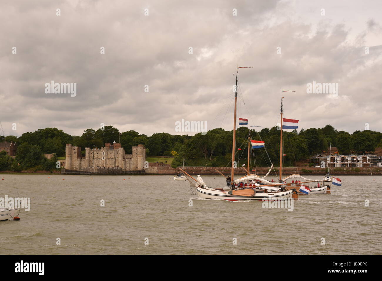 FLOTILLA OF DUTCH SHIPS ARRIVING ON THE RIVER MEDWAY FOR THE 350TH ANNIVERSARY CELEBRATIONS OF THE BATTLE OF THE MEDWAY Stock Photo