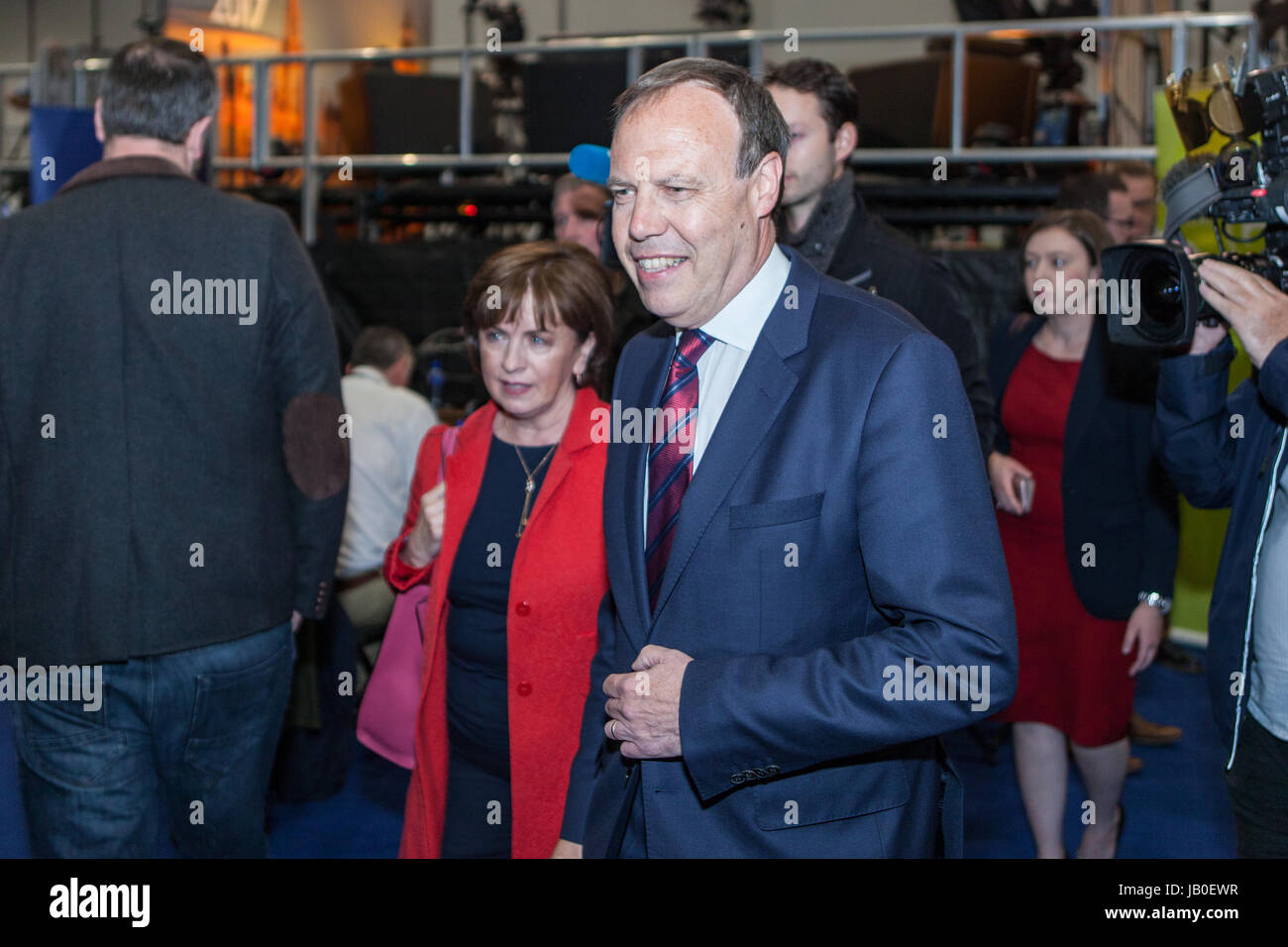 Belfast, Northern Ireland. 8th June 2017. Counting for the Belfast Area in the 2017 UK General Election got under way at the Titanic Exhibition Centre. Nigel and Diane Dodds Arrive at the Count centre in Belfast, Mr Dodds is hoping to hold the Seat of Belfast North Credit: Bonzo/Alamy Live News Stock Photo