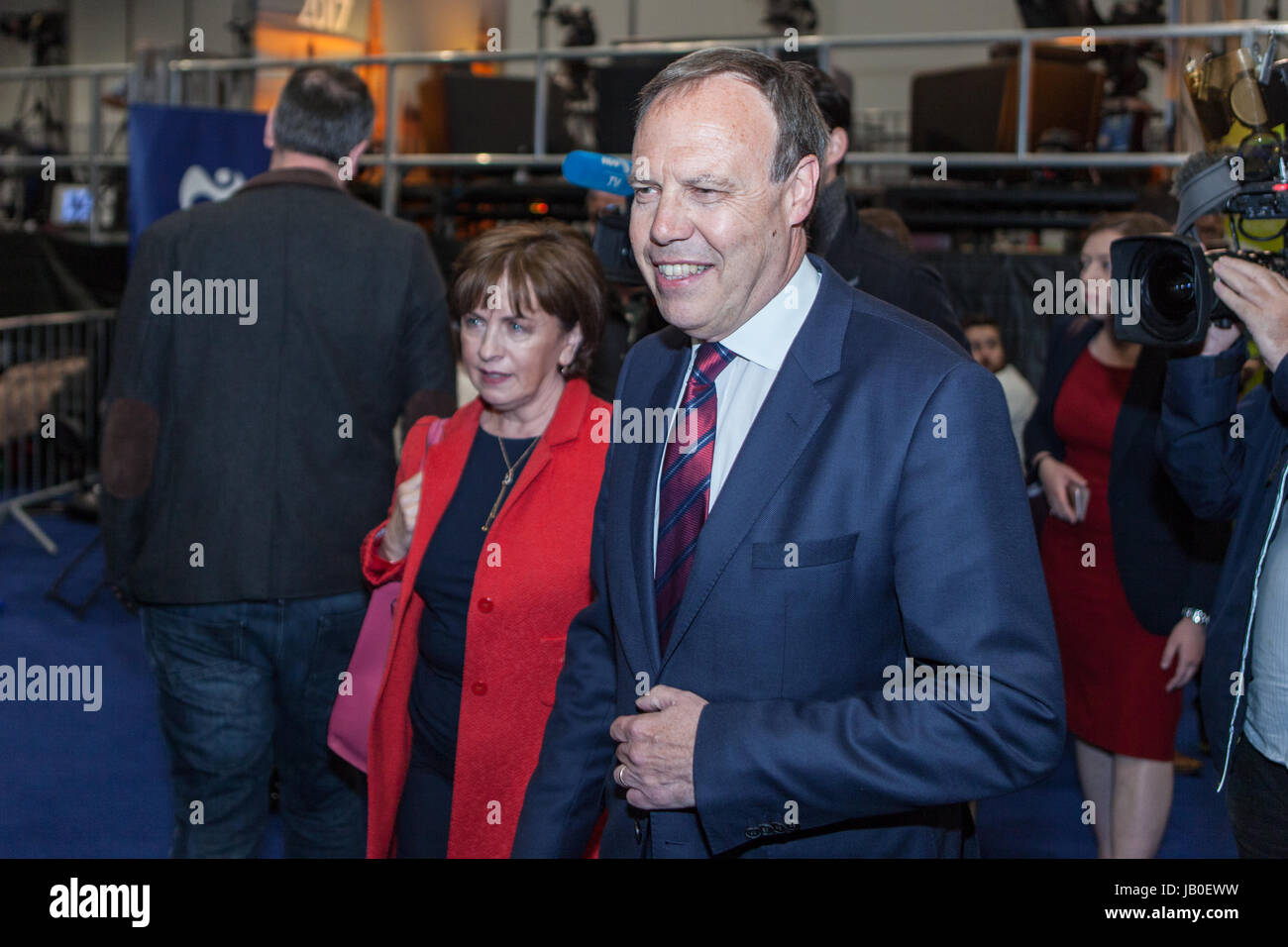 Belfast, Northern Ireland. 8th June 2017. Counting for the Belfast Area in the 2017 UK General Election got under way at the Titanic Exhibition Centre. Nigel and Diane Dodds Arrive at the Count centre in Belfast, Mr Dodds is hoping to hold the Seat of Belfast North Credit: Bonzo/Alamy Live News Stock Photo