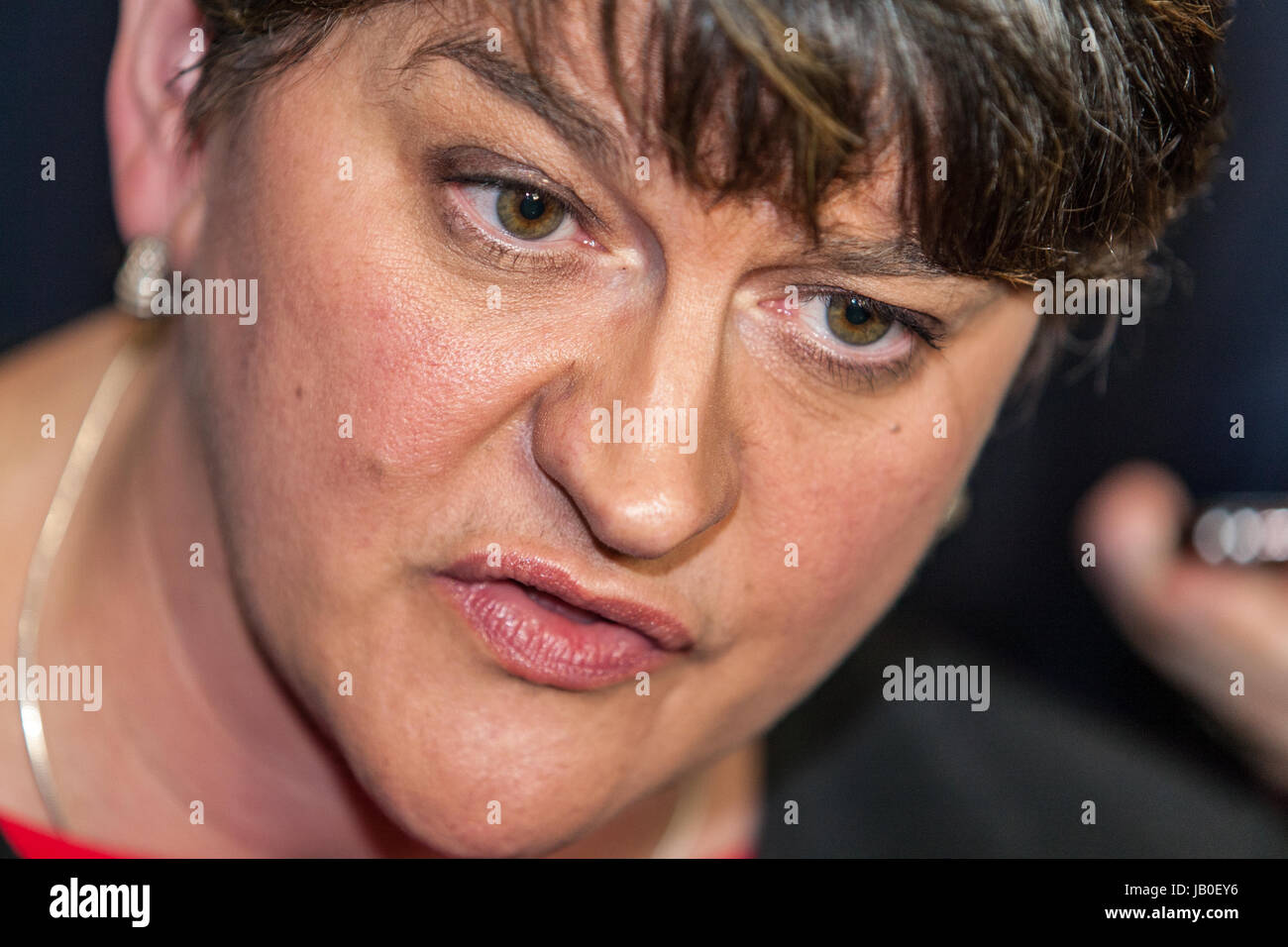 Belfast, Northern Ireland. 8th June 2017. Counting for the Belfast Area in the 2017 UK General Election got under way at the Titanic Exhibition Centre. Leader of DUP and First minister Arlene Foster at the Resut Count In Belfast Credit: Bonzo/Alamy Live News Stock Photo