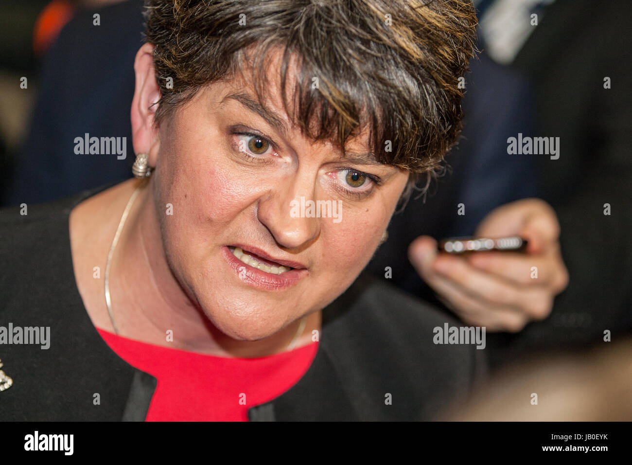 Belfast, Northern Ireland. 8th June 2017. Counting for the Belfast Area in the 2017 UK General Election got under way at the Titanic Exhibition Centre. Leader of DUP and First minister Arlene Foster at the Resut Count In Belfast Credit: Bonzo/Alamy Live News Stock Photo