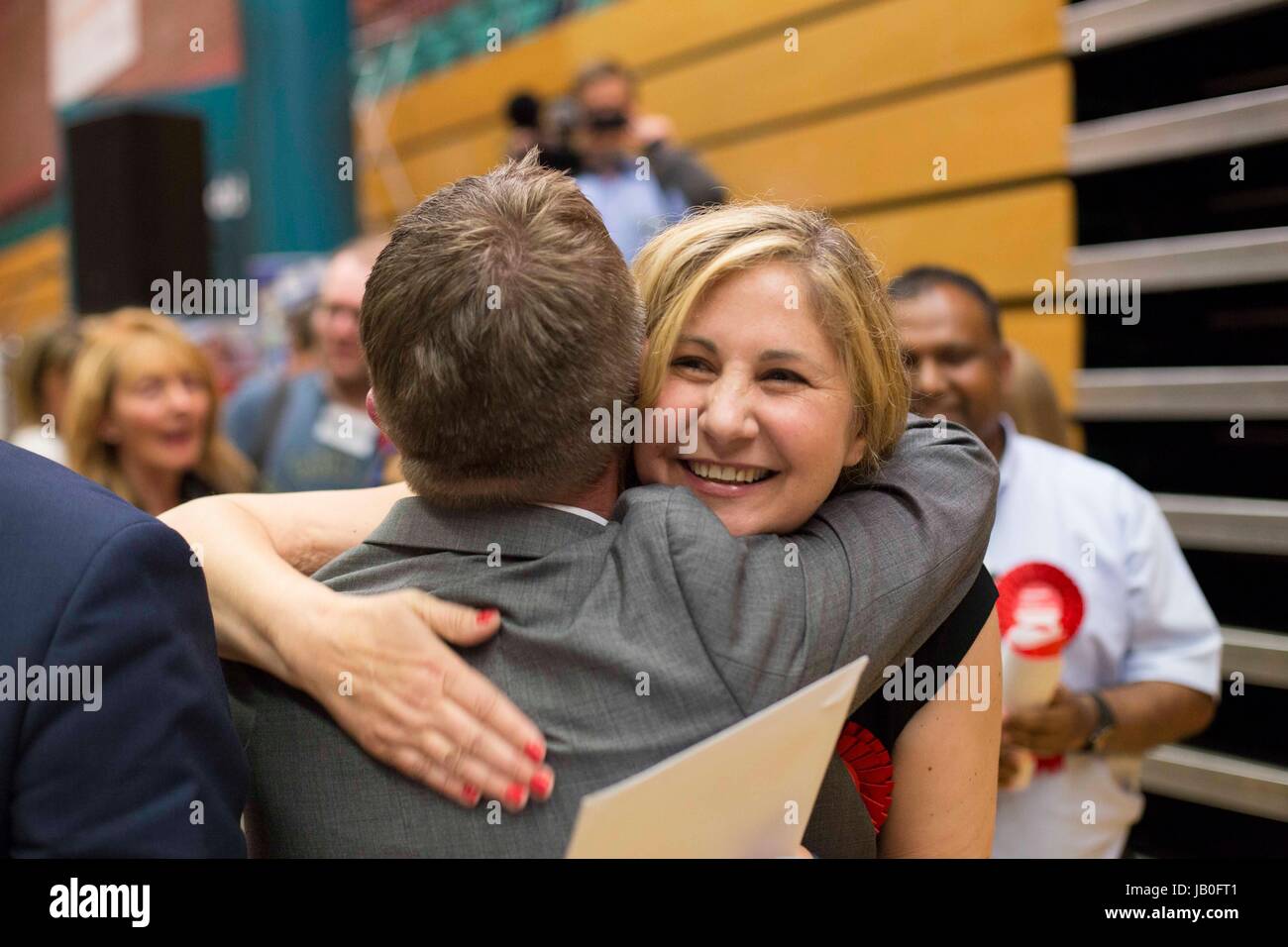 Cardiff, Wales, UK. 09th June, 2017. Labour's Anna McMorrin celebrates being elected MP for Cardiff North with Kevin Brennan MP for Cardiff West after General Election 2017 vote counting at Sport Wales National Centre, Sophia Gardens. Picture by Credit: Mark Hawkins/Alamy Live News Stock Photo