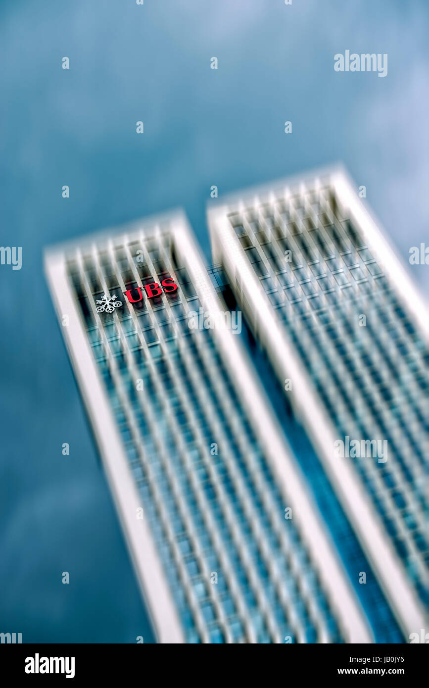 The twin towers of the Opernturm with motion blur and the logo of the Swiss bank UBS in Frankfurt. Stock Photo