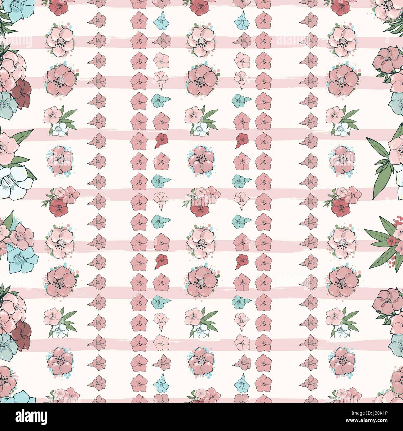 Vector seamless pattern. Exotic pink and blue flowers on striped ...