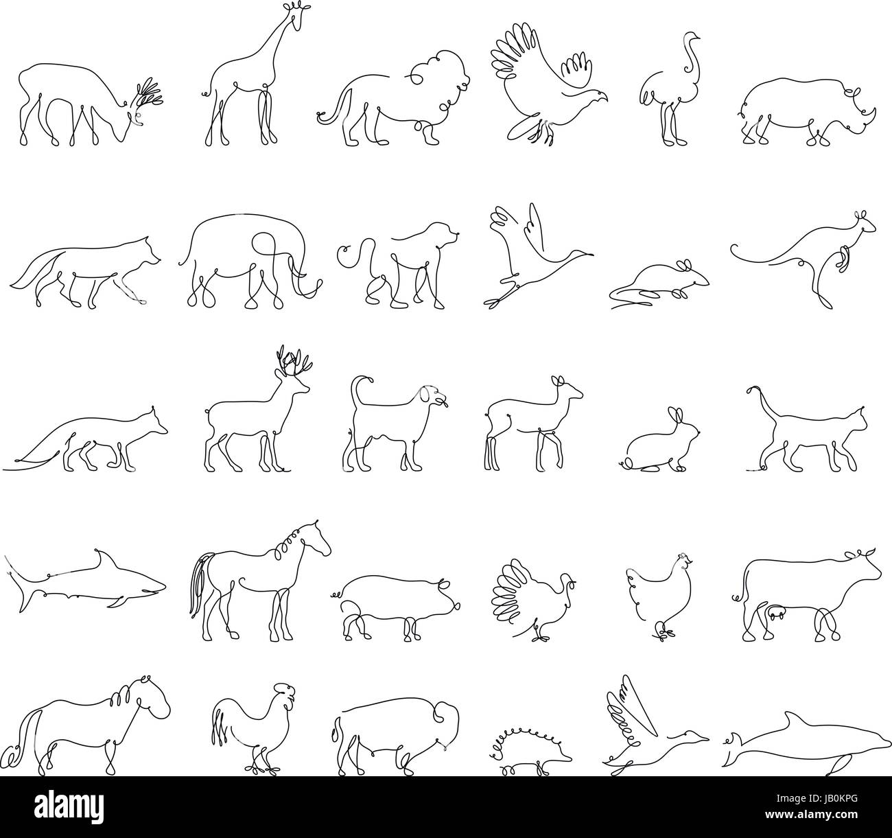 One line animals set, logos. vector stock illustration. Turkey and cow, pig and eagle, giraffe and horse, dog and cat, fox and wolf, dolphin and shark, deer and elephant, stork and chicken. Stock Vector