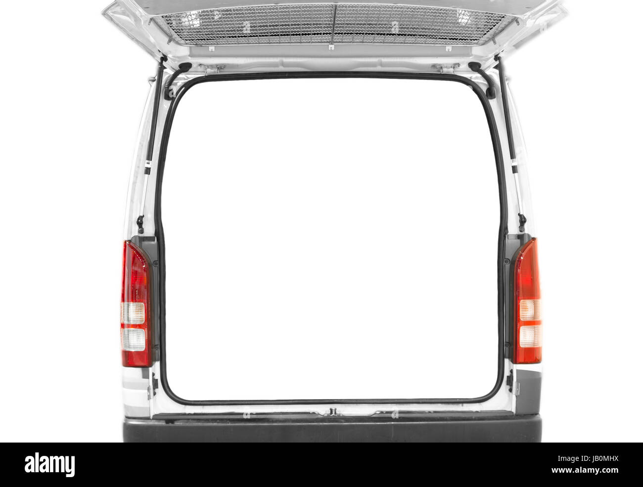 Back view of the white van with blank door open isolated on white