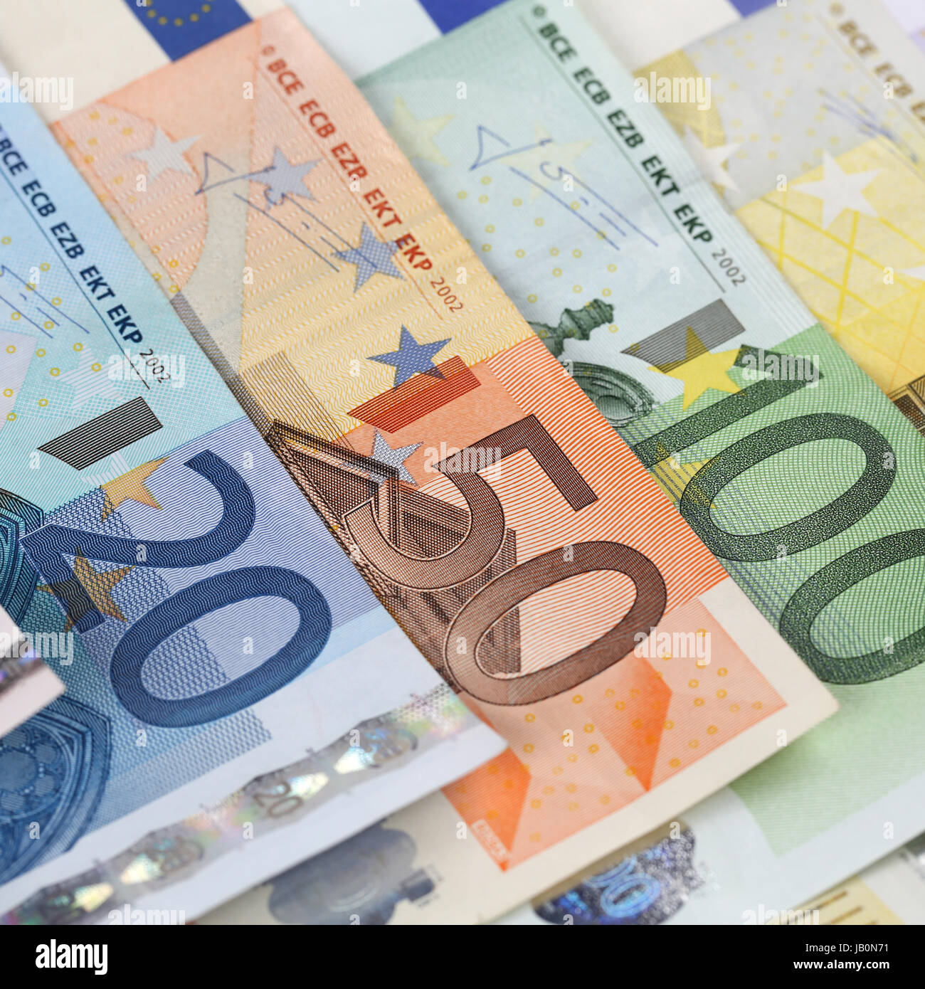 Alle aktuellen Euro Scheine der Europäischen Union nebeneinander Stock Photo