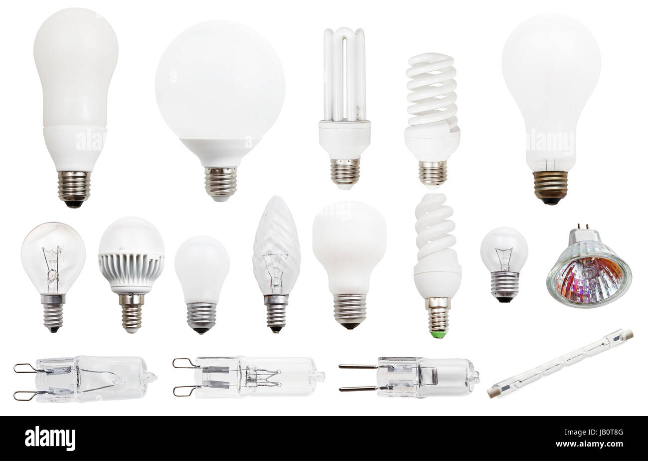 set of incandescent, compact fluorescent, halogen, LED light bulbs