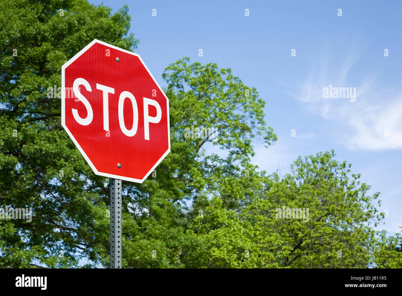 Stop Sign with Green Trees and Blue Sky Background Stock Photo