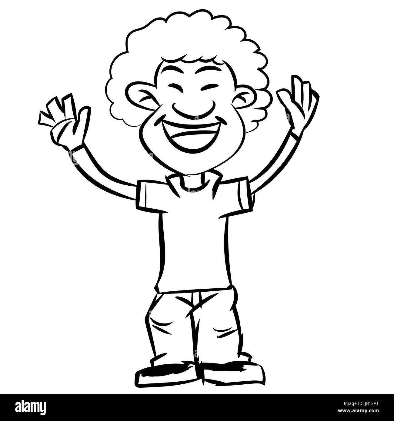 Line drawing a cartoon of smiling afro boy, and-drawn teen make hands up in black and white, Vector illustration. Stock Vector